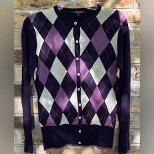 Brooks Brothers Womens Cardigan Sweater Argyle Violet Diamond Merino Wool Size M